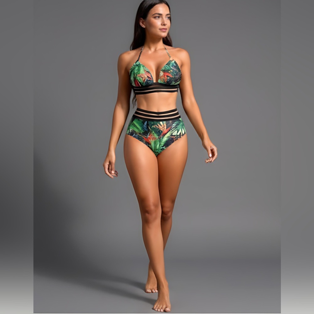 Tropical Print Mesh Trim High Waist Bikini Swimsuit